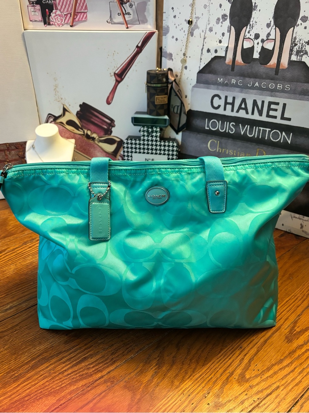 Coach F77321 Signature Packable Nylon Travel Tote Aqua Turquoise w/ Pouch